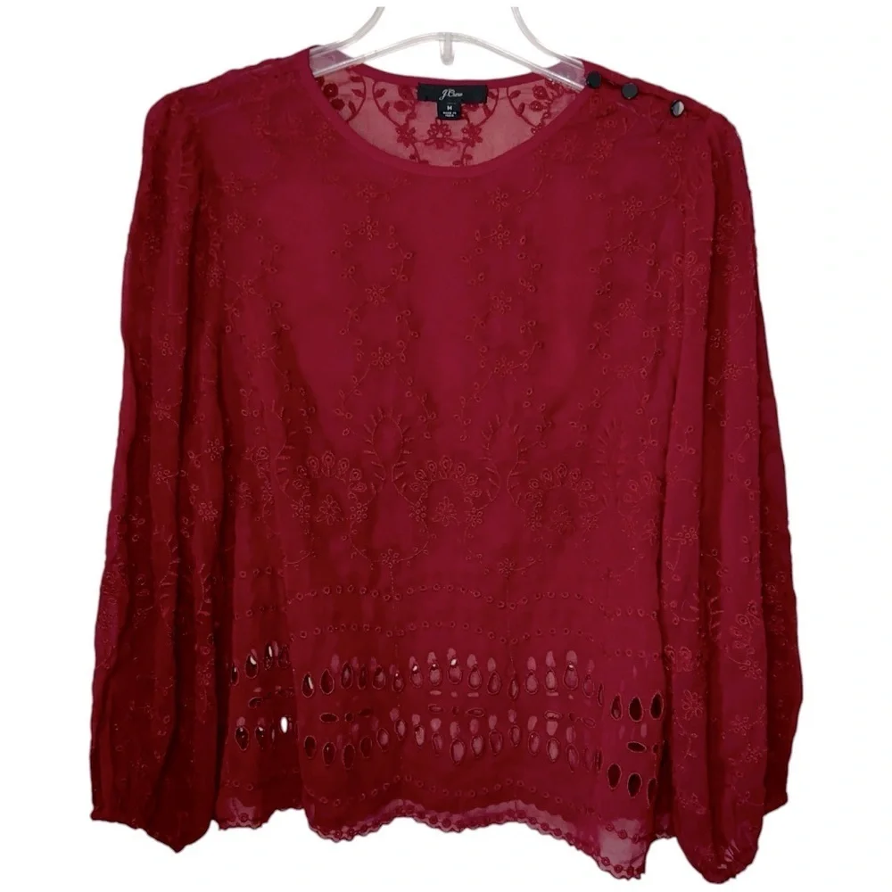 J. Crew Lace Eyelet Blouse Balloon Sleeve Burnt Red Size Medium